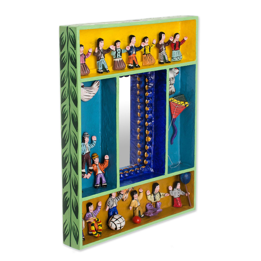 Hand-Painted Wood Ceramic Retablo Wall Mirror from Peru - Children at Play