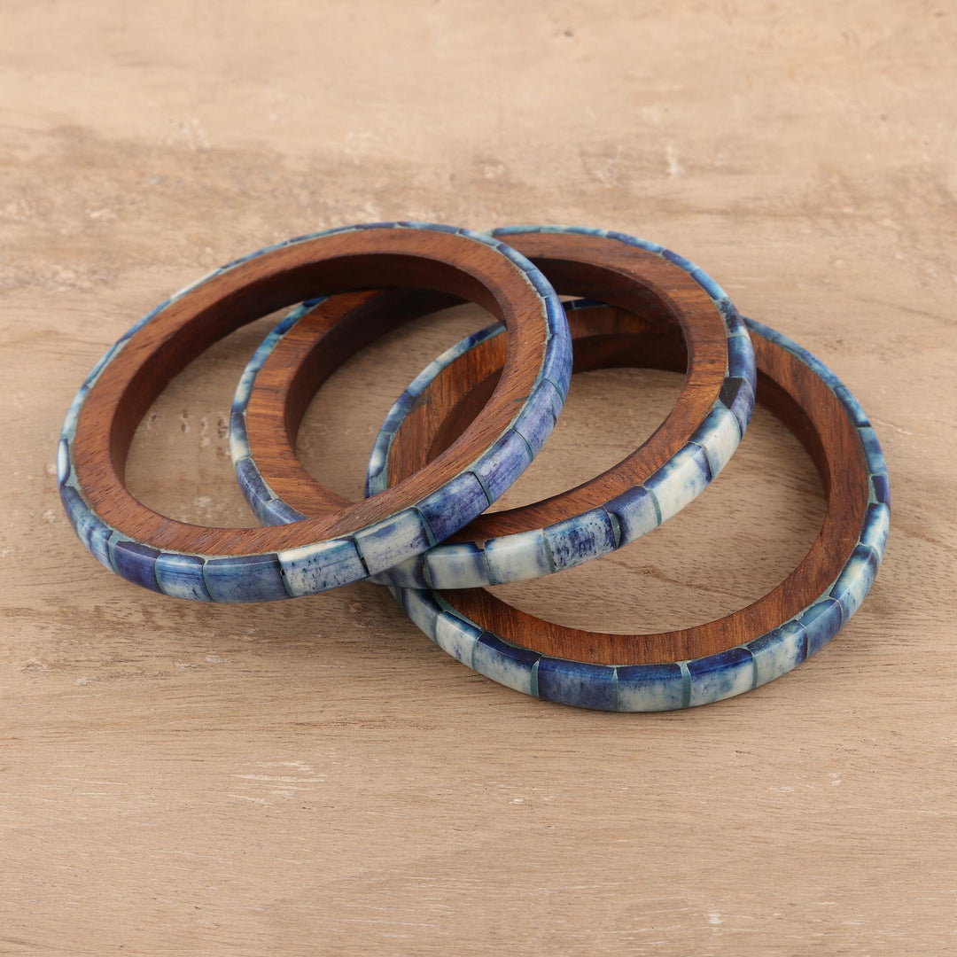 Blue Bone and Mango Wood Bangle Bracelets (Set of 3) - Blue Saga