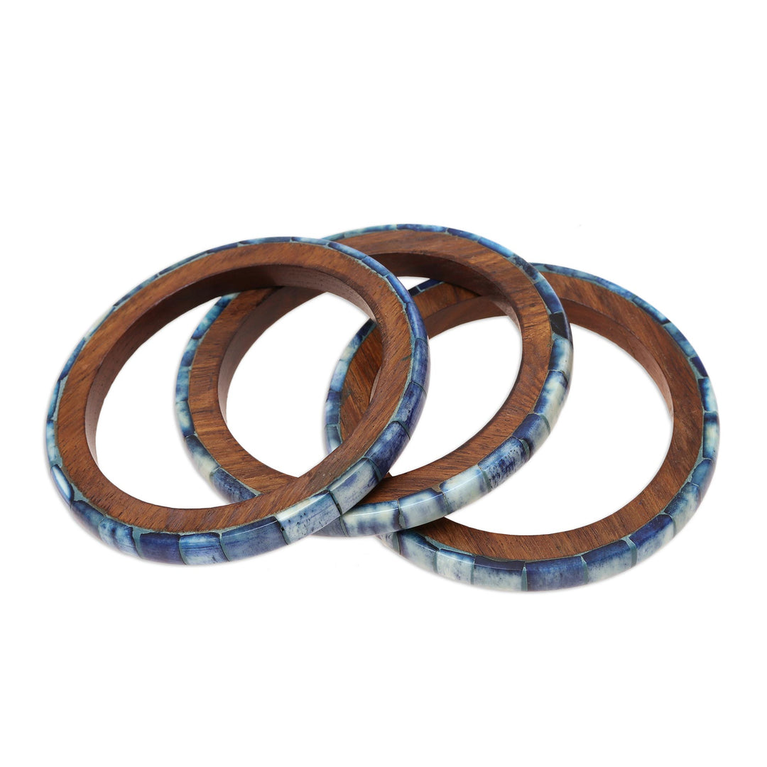 Blue Bone and Mango Wood Bangle Bracelets (Set of 3) - Blue Saga