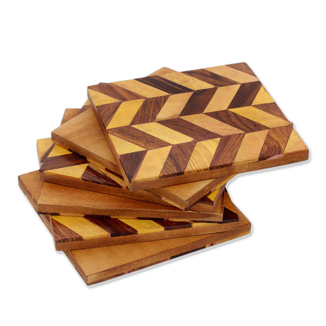 Diagonal Motif Mango Wood Coasters from India (Set of 6) - Diagonal Elegance