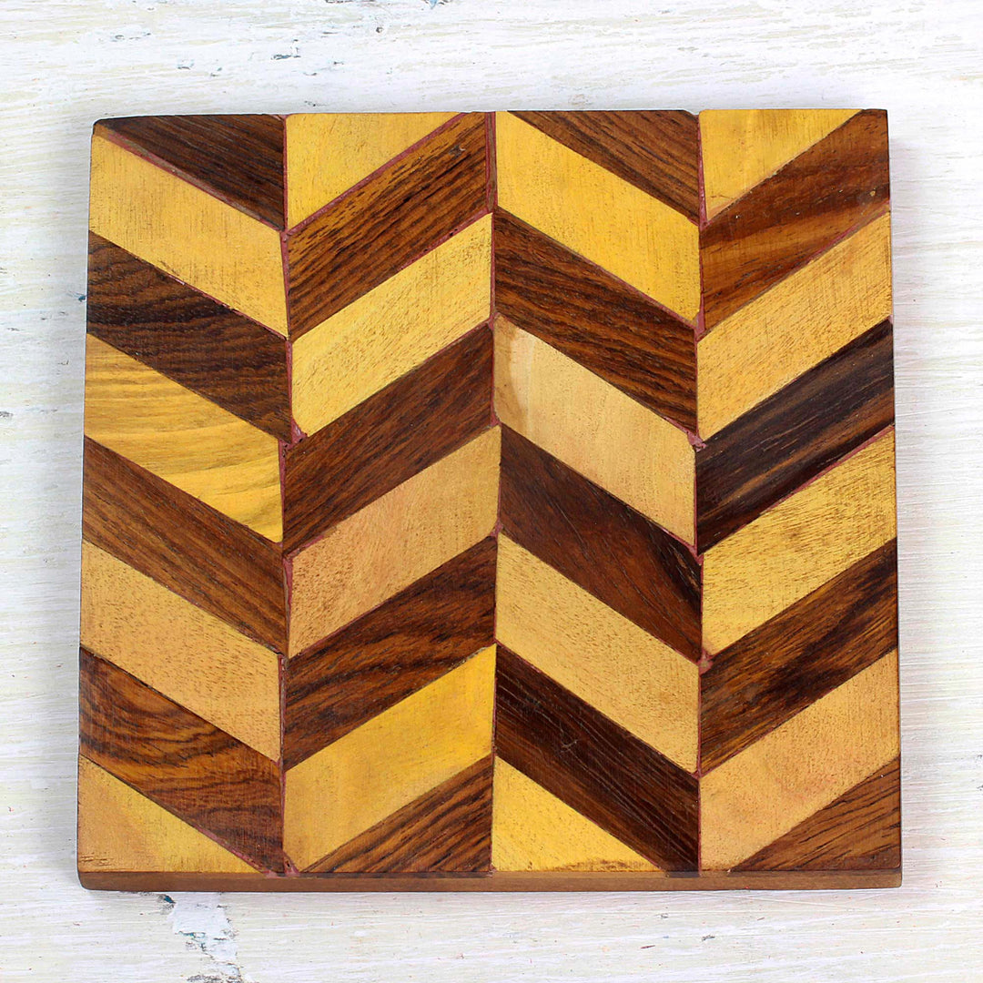 Diagonal Motif Mango Wood Coasters from India (Set of 6) - Diagonal Elegance