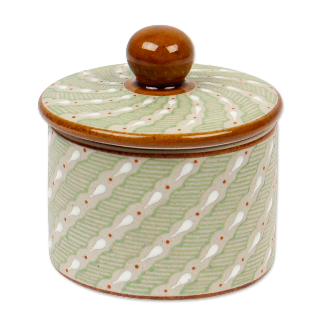 Green Striped Ceramic Cylindrical Decorative Jar - Cloud Crossing in Green
