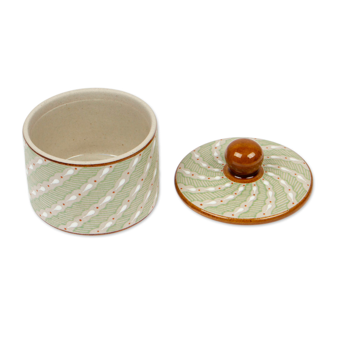 Green Striped Ceramic Cylindrical Decorative Jar - Cloud Crossing in Green