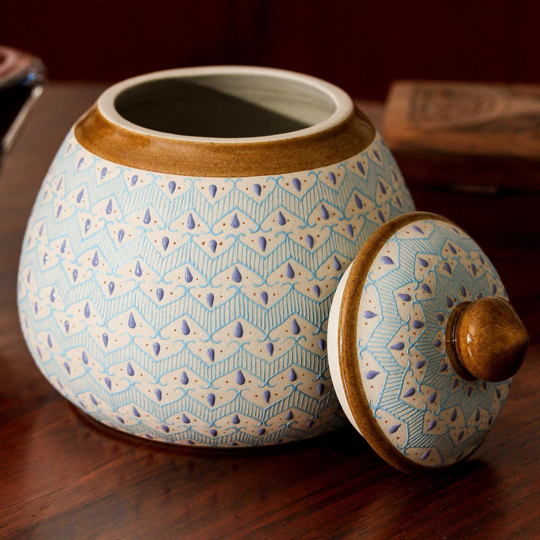 Blue Chevron Motif Ceramic Round Decorative Jar - Chevron Tears
