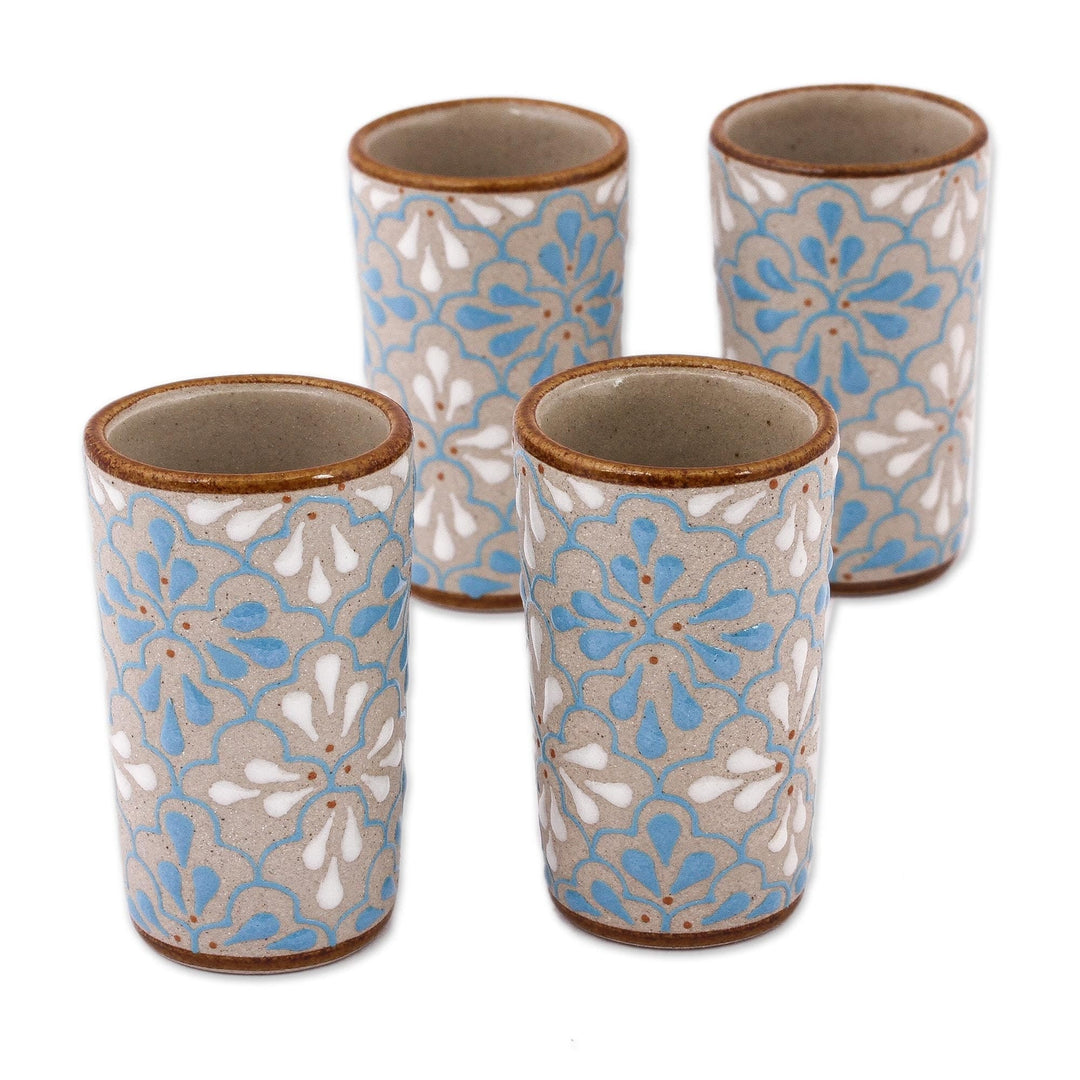 Blue and White Floral Motif Ceramic Tequila Cups (Set of 4) - Sky Dance