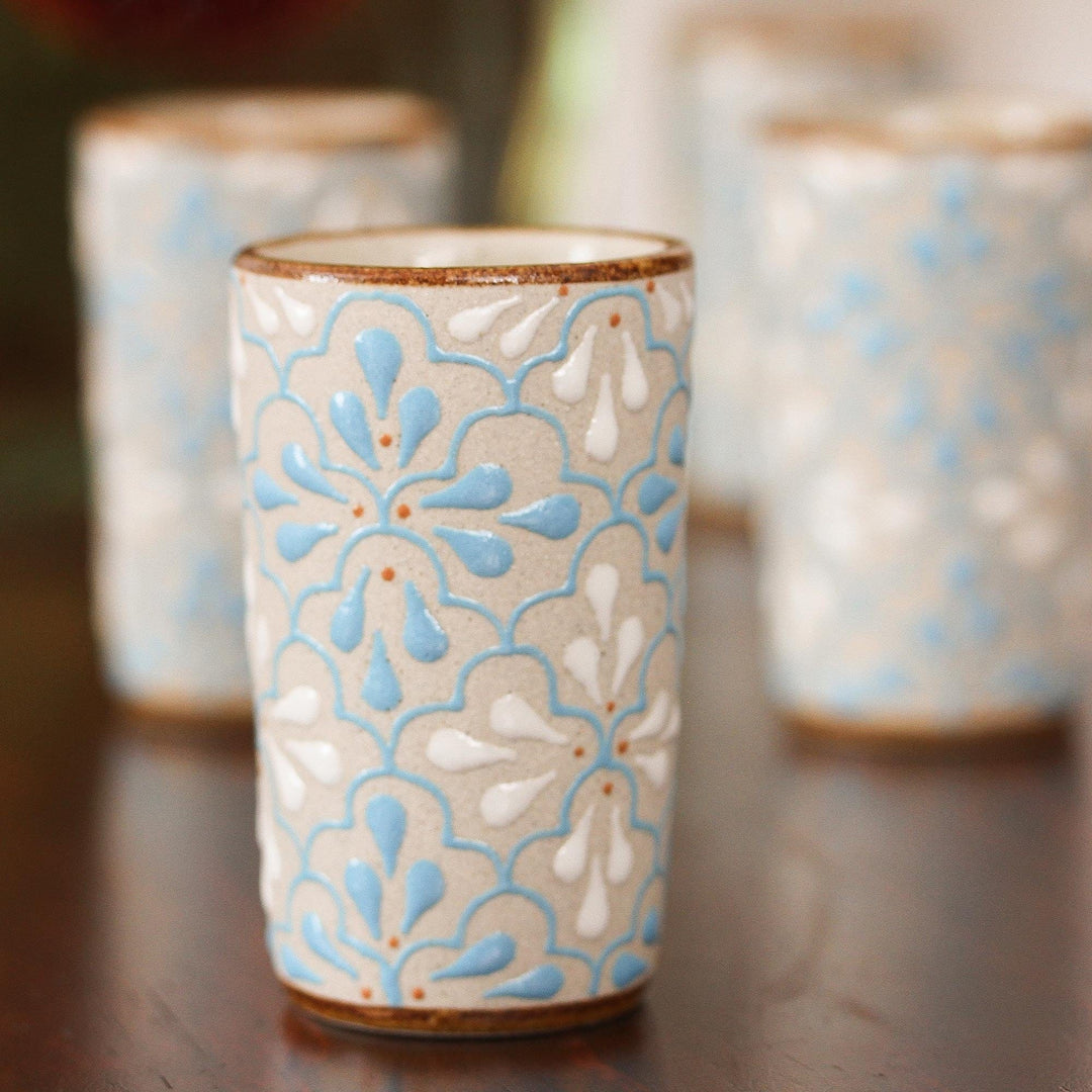Blue and White Floral Motif Ceramic Tequila Cups (Set of 4) - Sky Dance