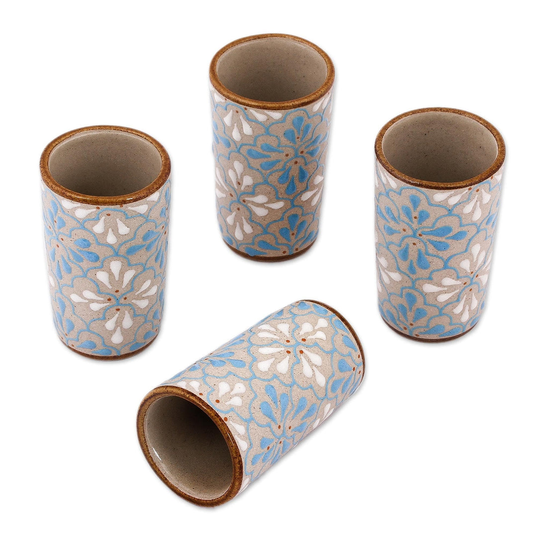 Blue and White Floral Motif Ceramic Tequila Cups (Set of 4) - Sky Dance