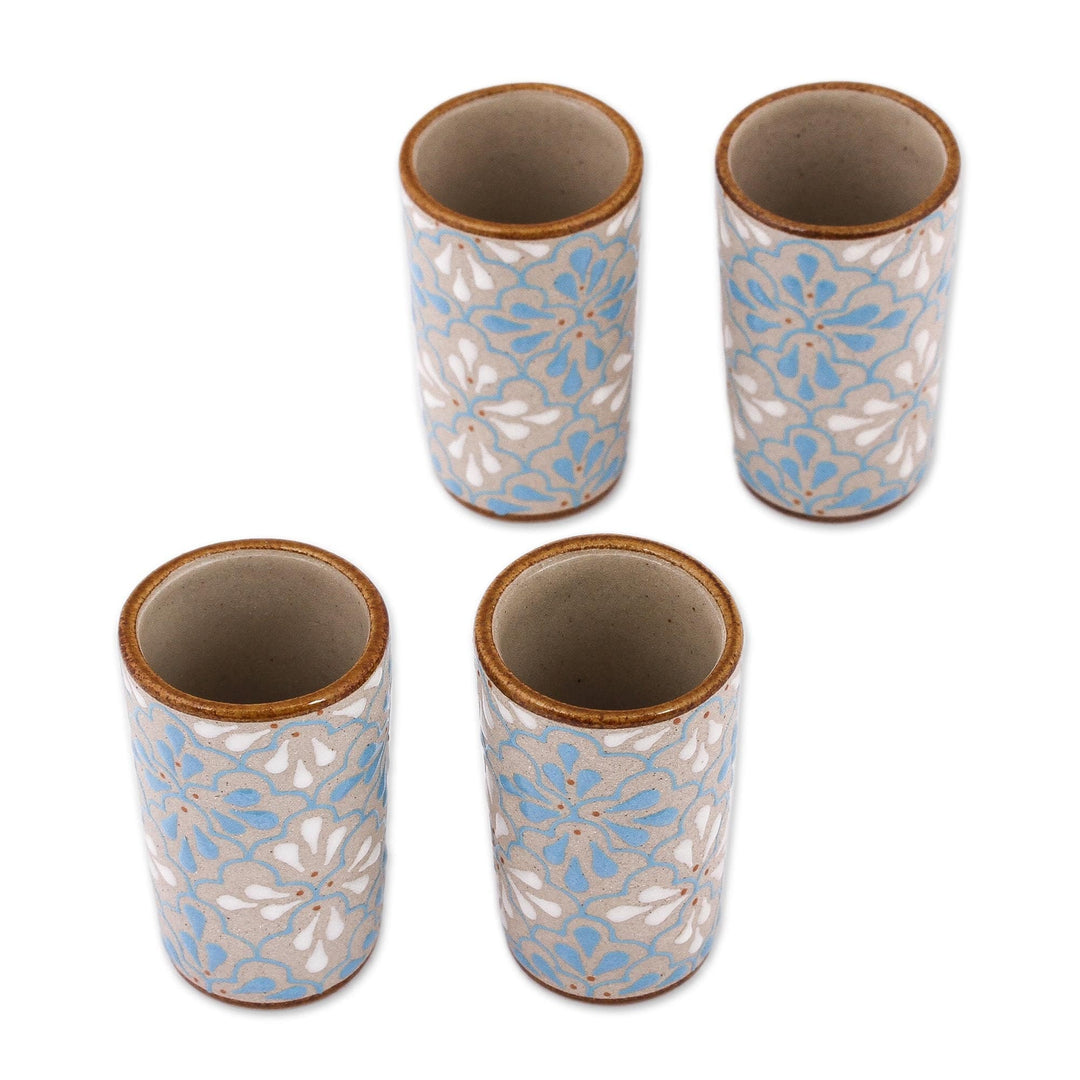 Blue and White Floral Motif Ceramic Tequila Cups (Set of 4) - Sky Dance