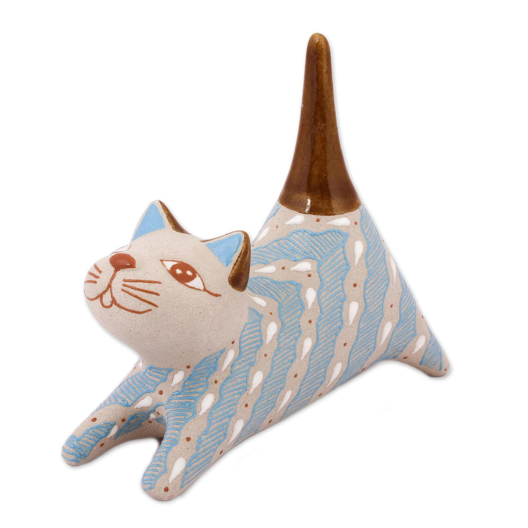 Handcrafted Blue and Ivory Striped Ceramic Cat Ring Holder - Cloud Crossing Cat