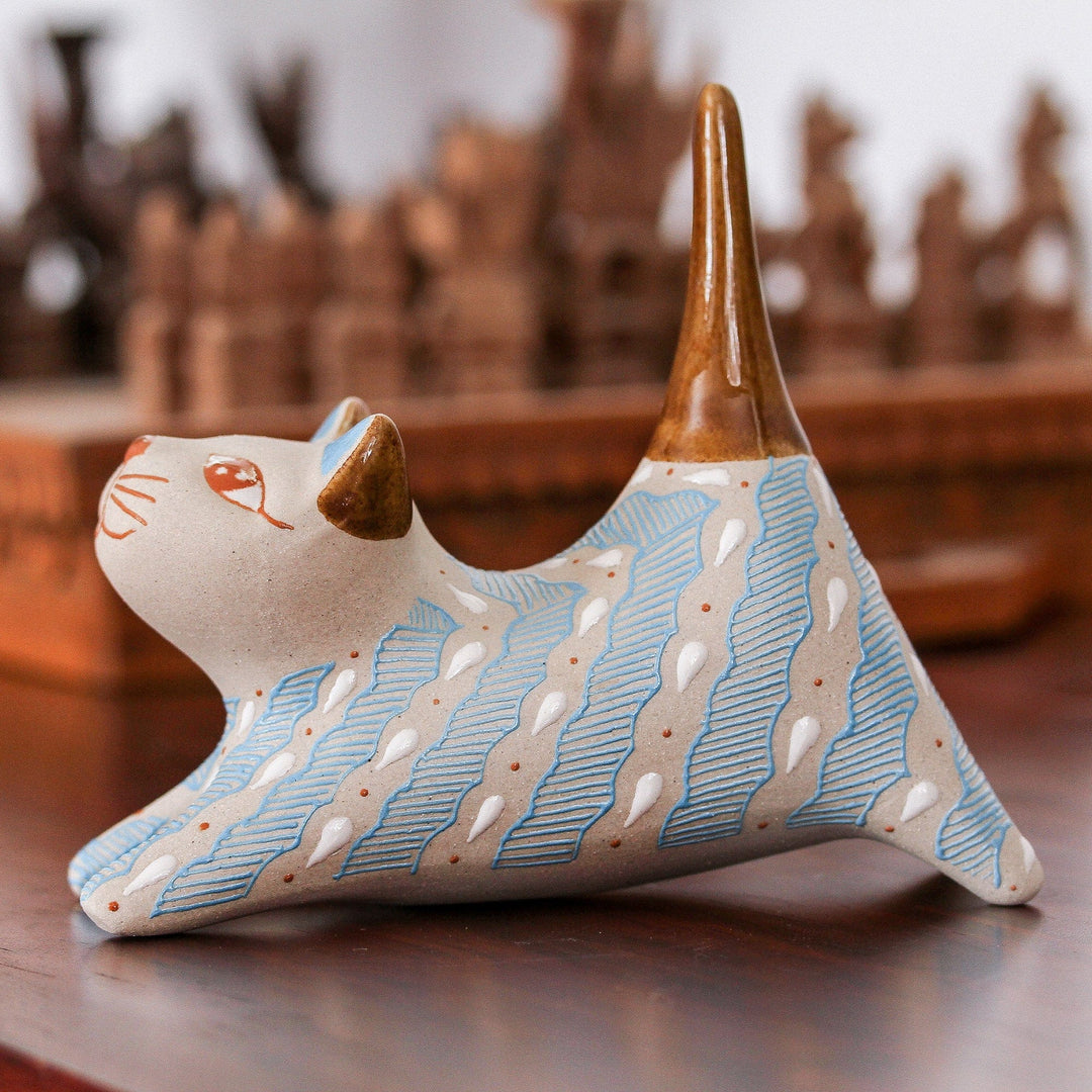 Handcrafted Blue and Ivory Striped Ceramic Cat Ring Holder - Cloud Crossing Cat