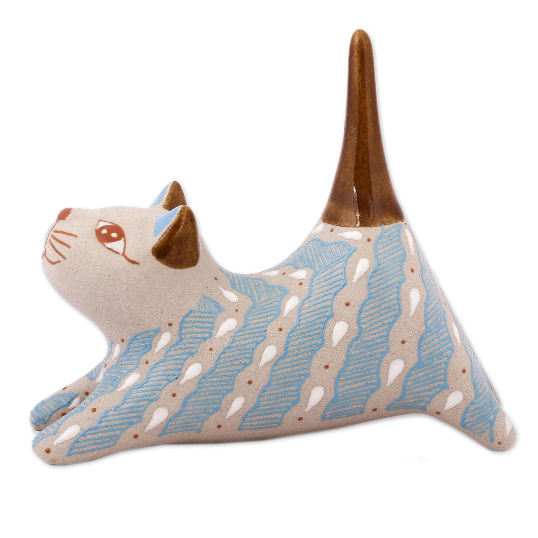 Handcrafted Blue and Ivory Striped Ceramic Cat Ring Holder - Cloud Crossing Cat