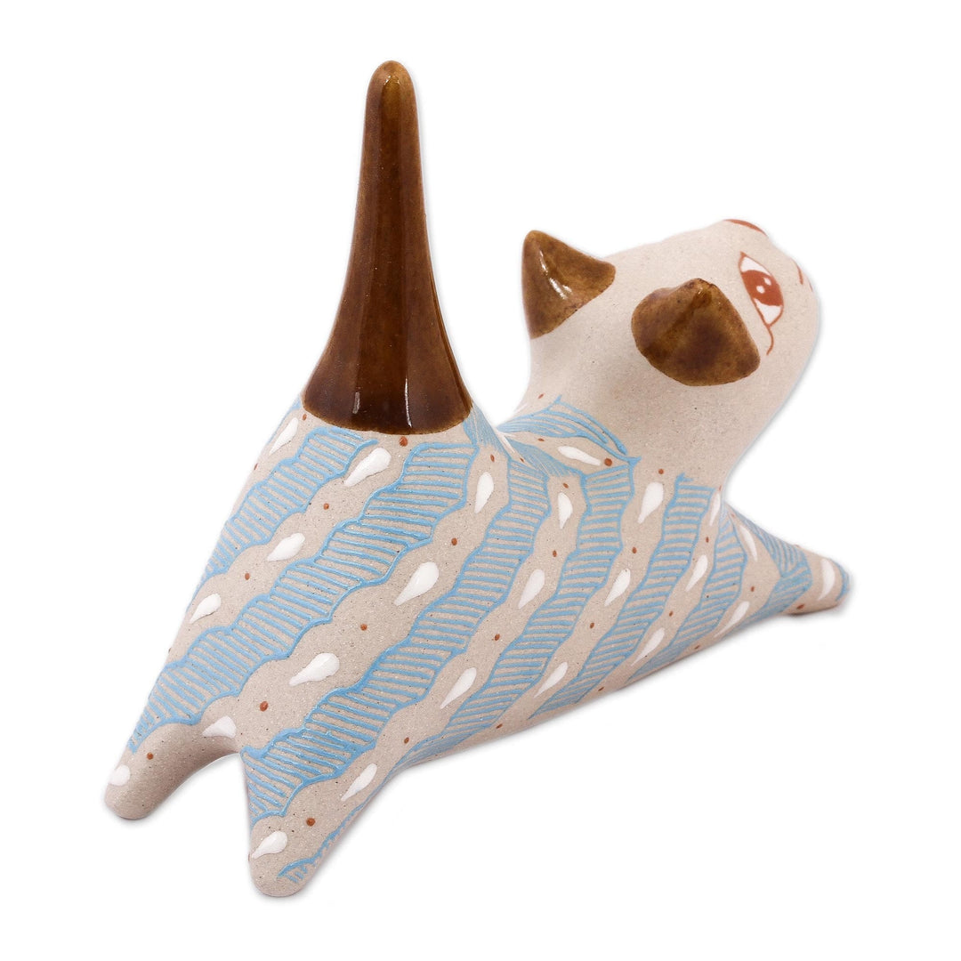 Handcrafted Blue and Ivory Striped Ceramic Cat Ring Holder - Cloud Crossing Cat