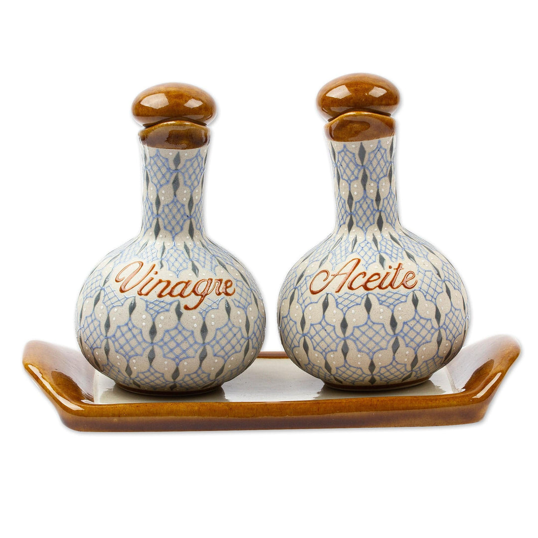 Blue and Grey Ceramic Oil and Vinegar 3-Piece Set with Tray - Web of Dew