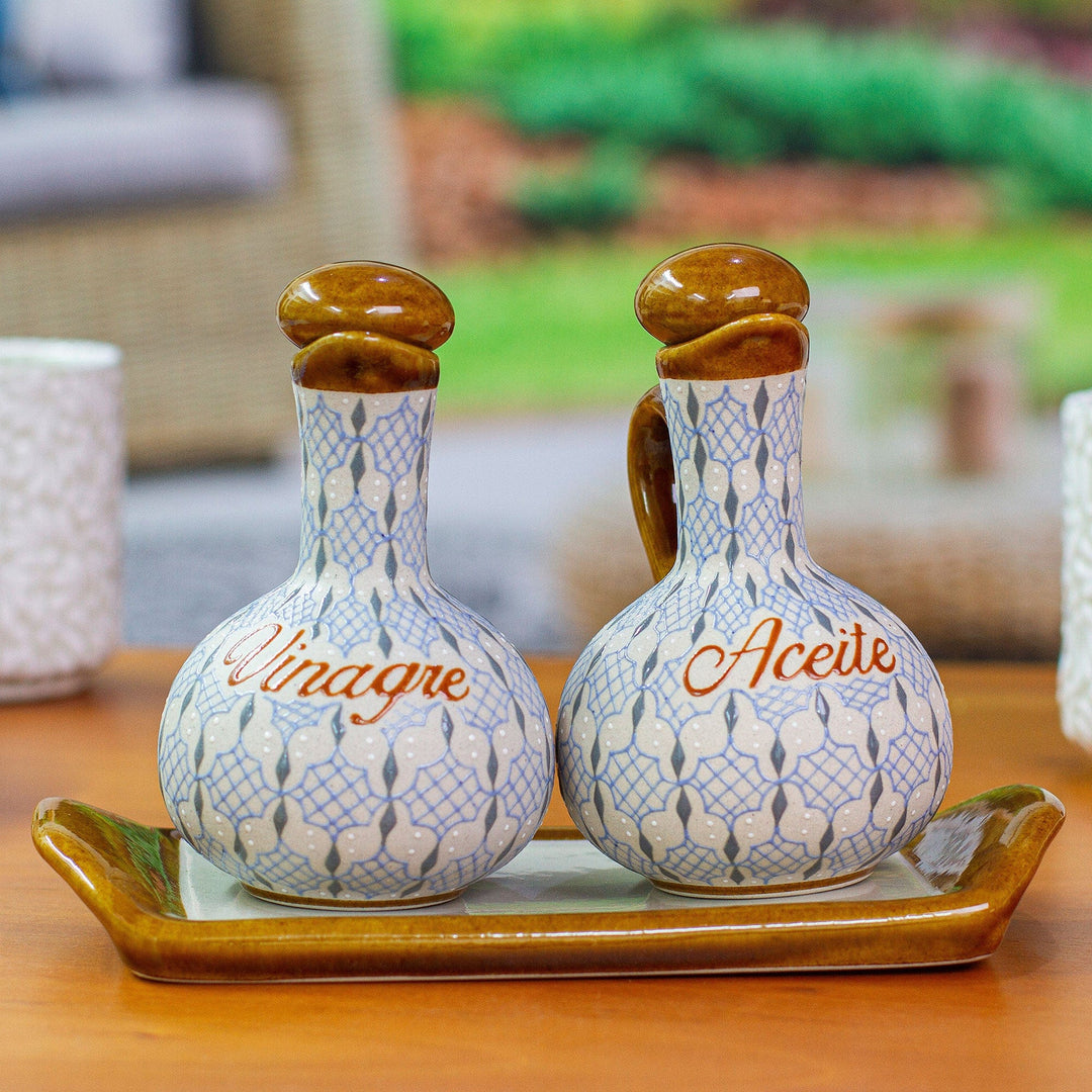 Blue and Grey Ceramic Oil and Vinegar 3-Piece Set with Tray - Web of Dew