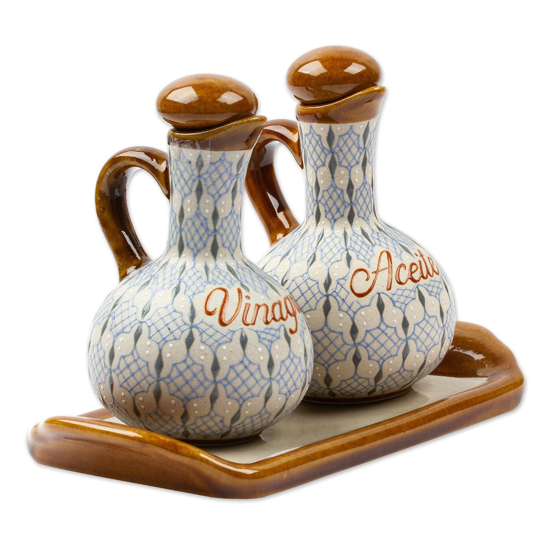 Blue and Grey Ceramic Oil and Vinegar 3-Piece Set with Tray - Web of Dew