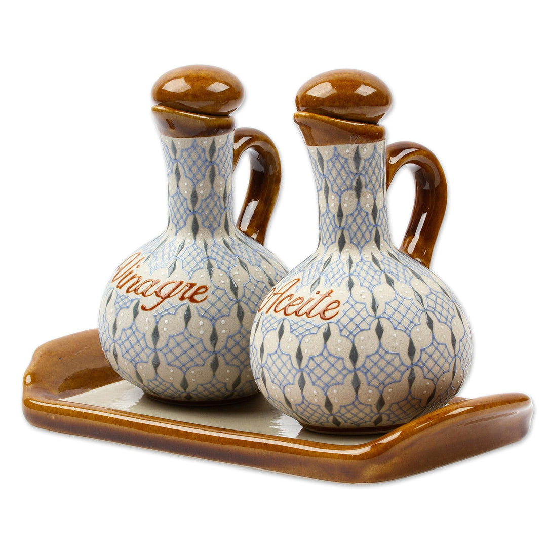 Blue and Grey Ceramic Oil and Vinegar 3-Piece Set with Tray - Web of Dew