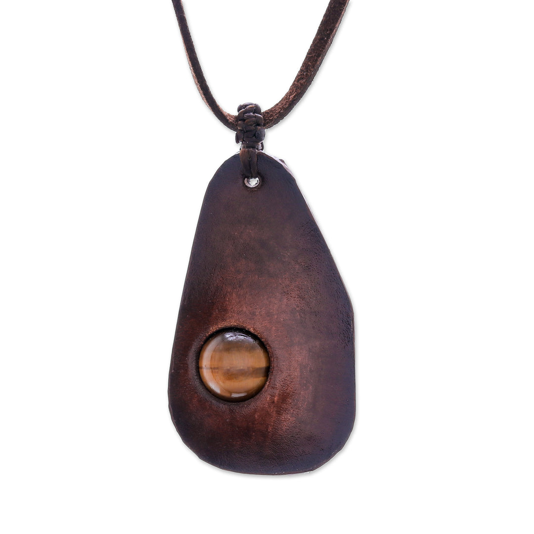 Tiger's Eye and Leather Pendant Necklace from Thailand - Stylish Avocado