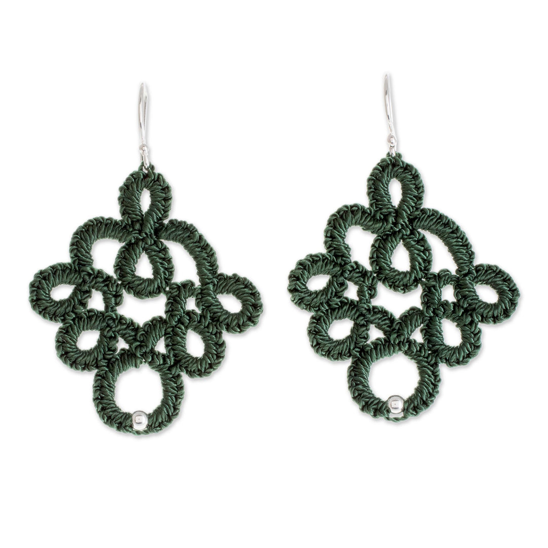 Hand-Tatted Dangle Earrings in Viridian from Guatemala - Viridian Lace