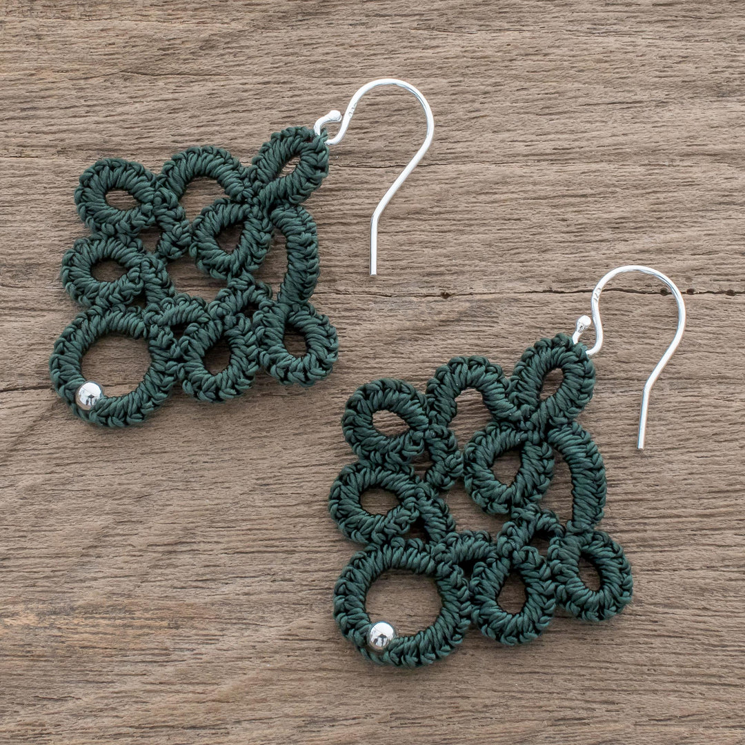 Hand-Tatted Dangle Earrings in Viridian from Guatemala - Viridian Lace