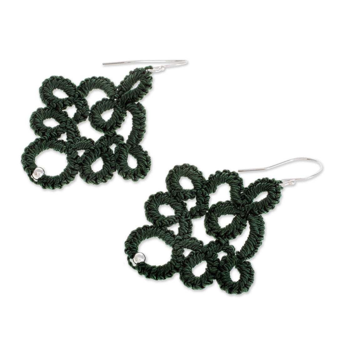Hand-Tatted Dangle Earrings in Viridian from Guatemala - Viridian Lace