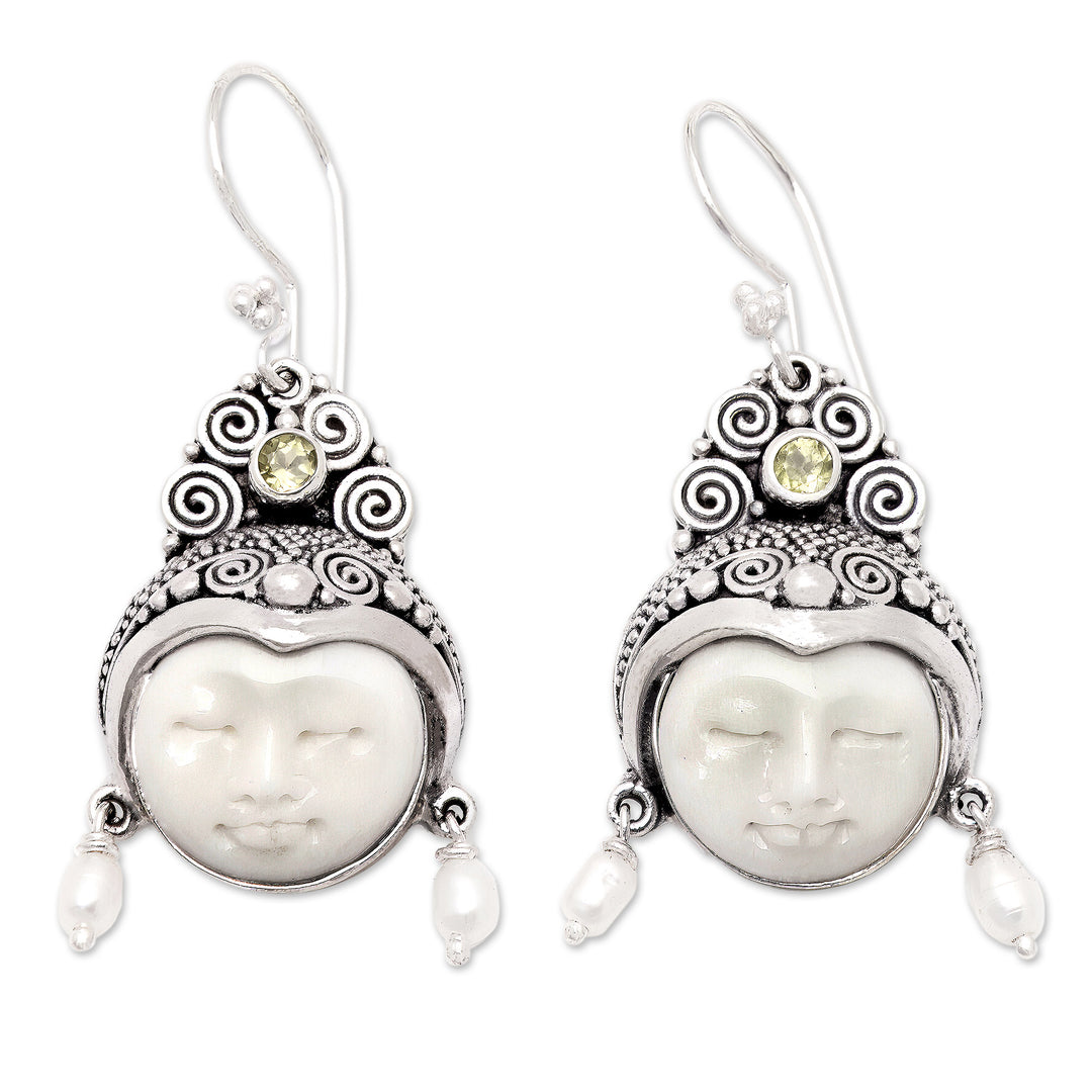 Pearl and Peridot Carved Bone Earrings - Day Dreamers