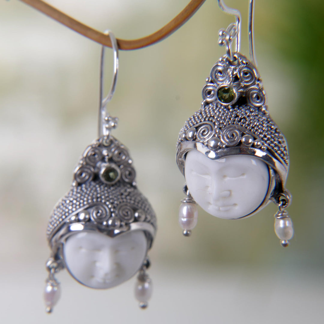 Pearl and Peridot Carved Bone Earrings - Day Dreamers