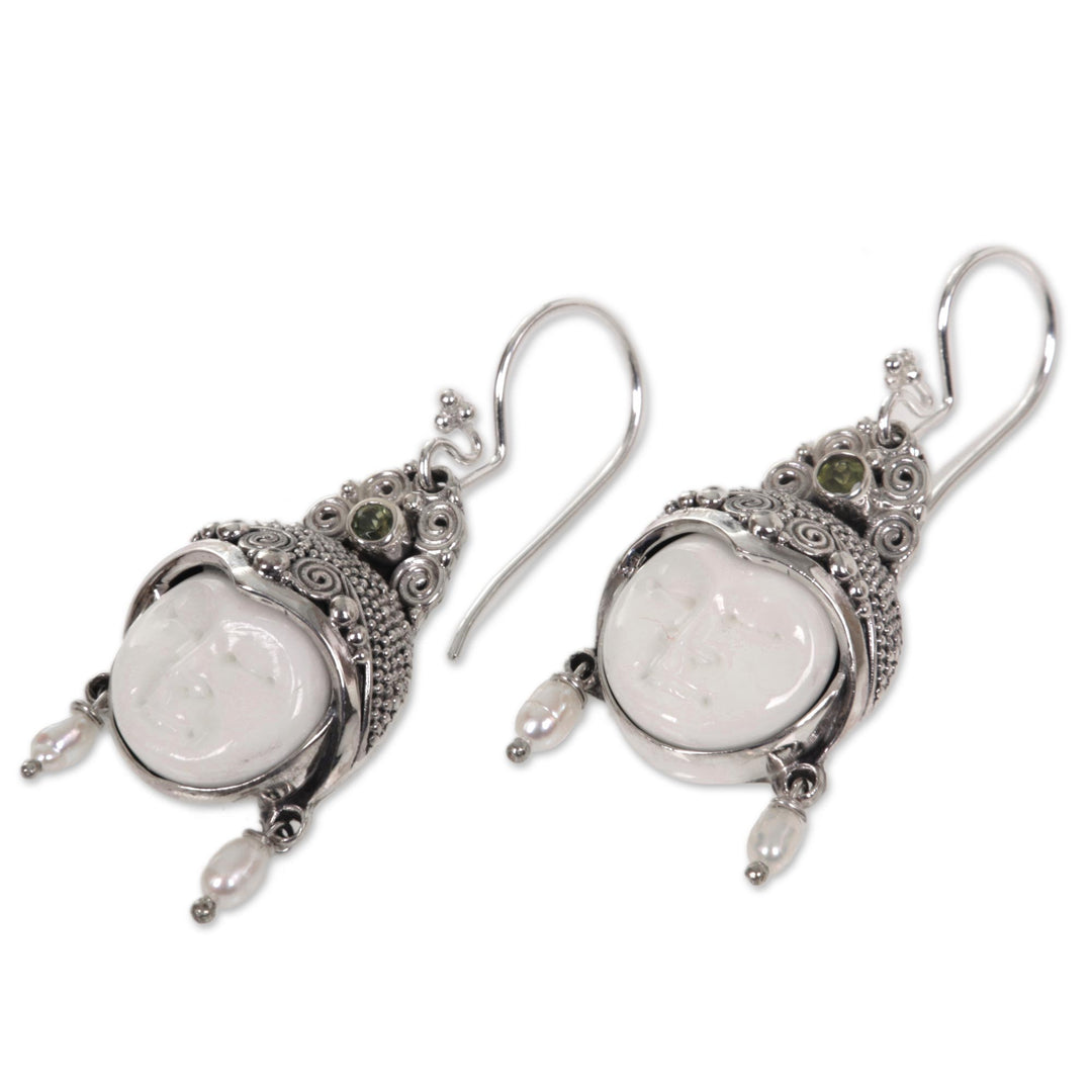 Pearl and Peridot Carved Bone Earrings - Day Dreamers