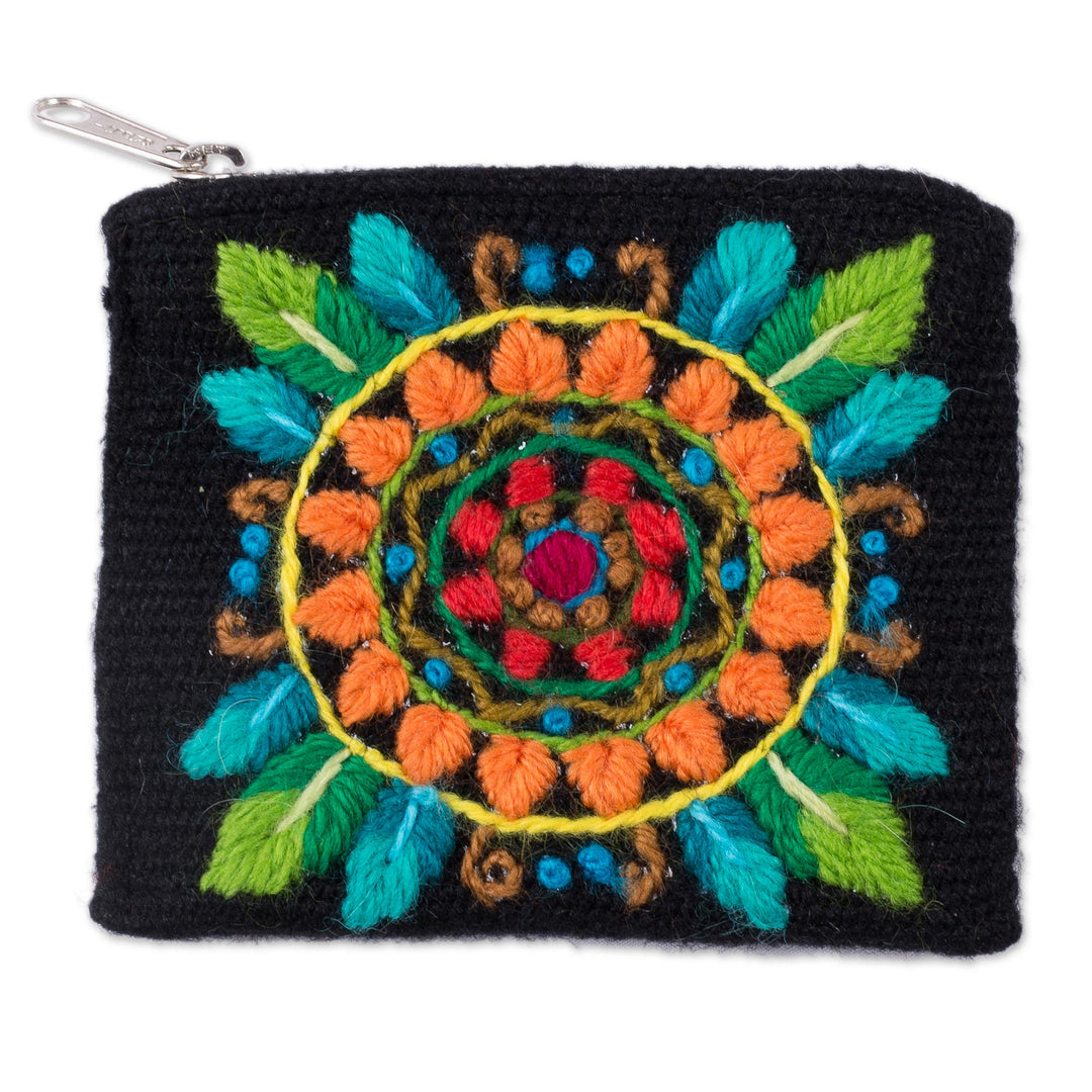 Floral Embroidered Alpaca Blend Coin Purse in Black - Colorful Mandala