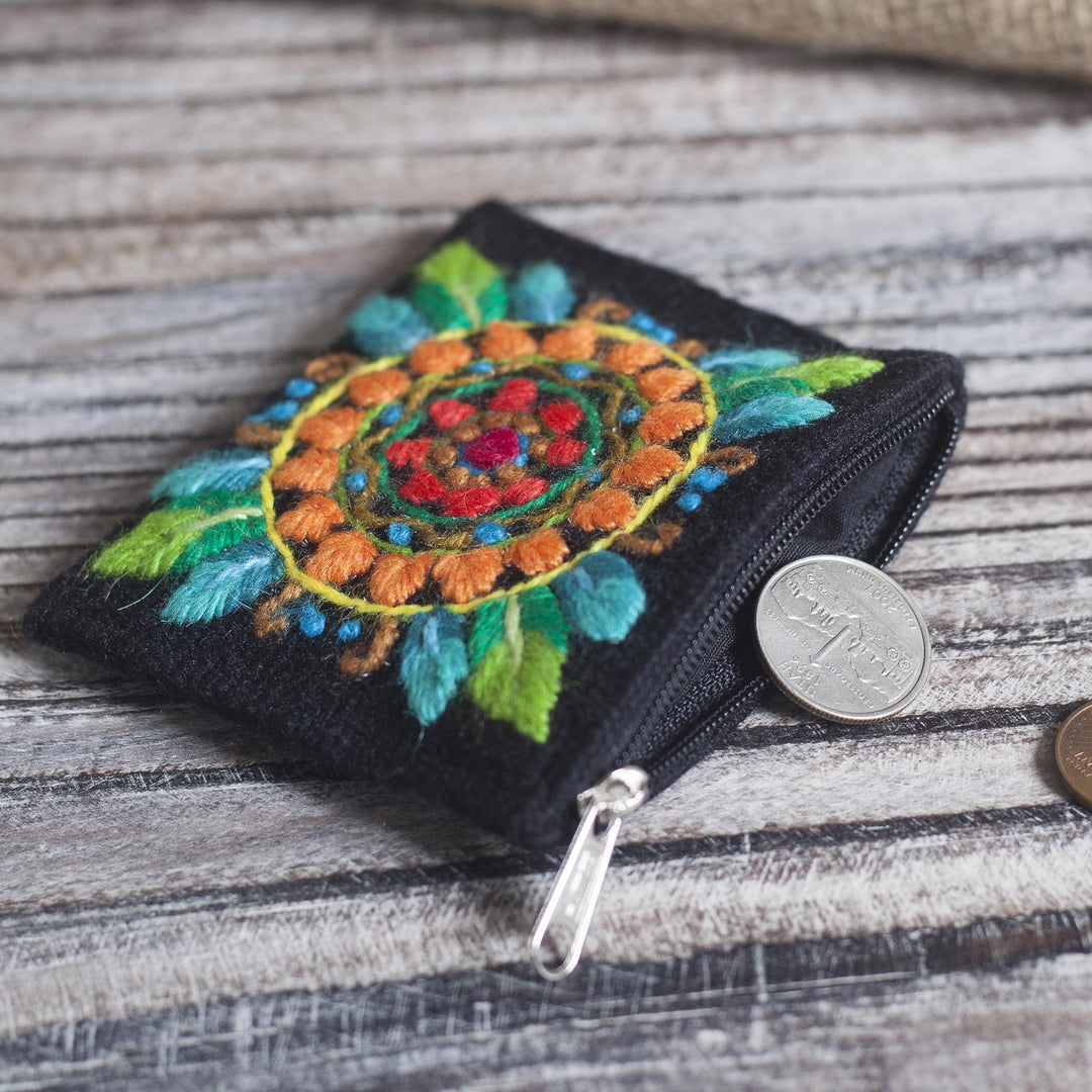 Floral Embroidered Alpaca Blend Coin Purse in Black - Colorful Mandala