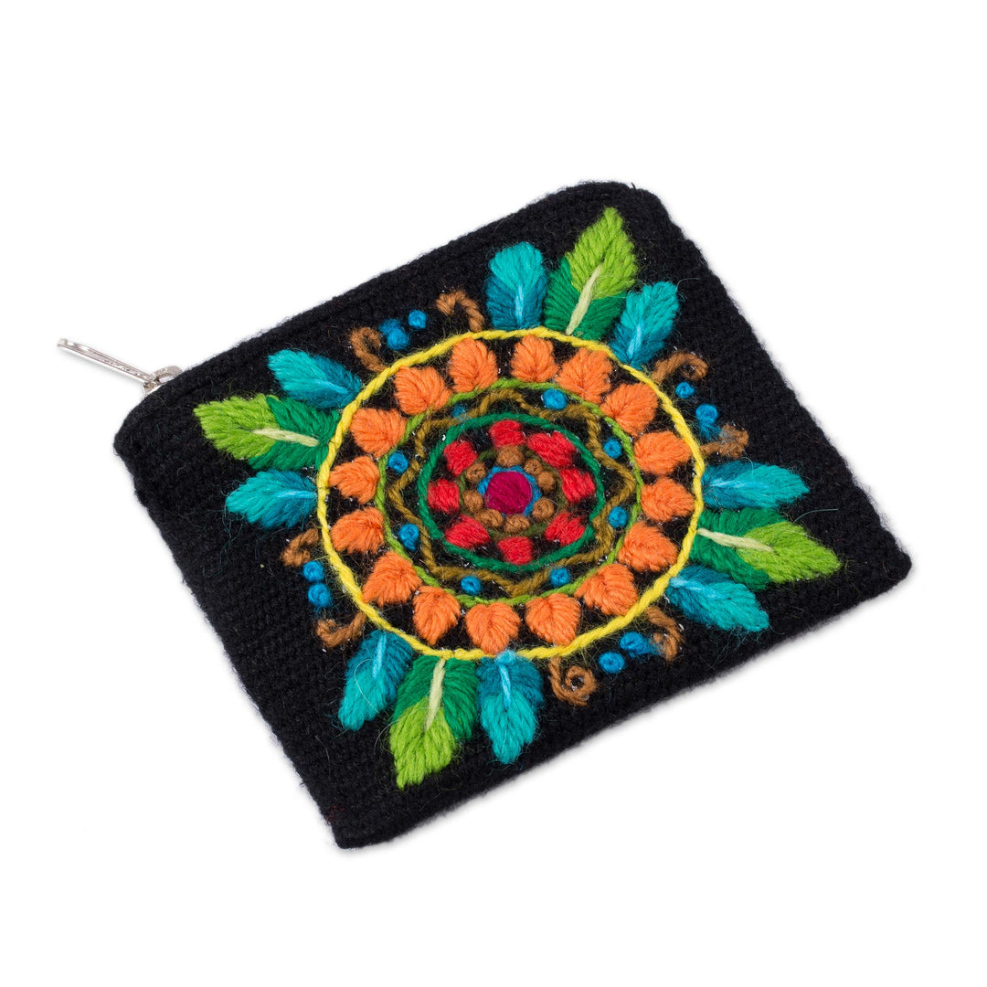 Floral Embroidered Alpaca Blend Coin Purse in Black - Colorful Mandala