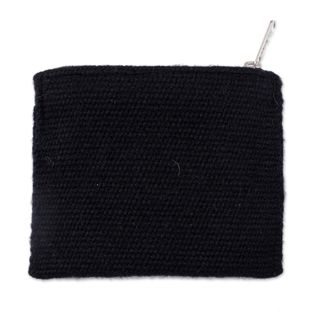 Floral Embroidered Alpaca Blend Coin Purse in Black - Colorful Mandala