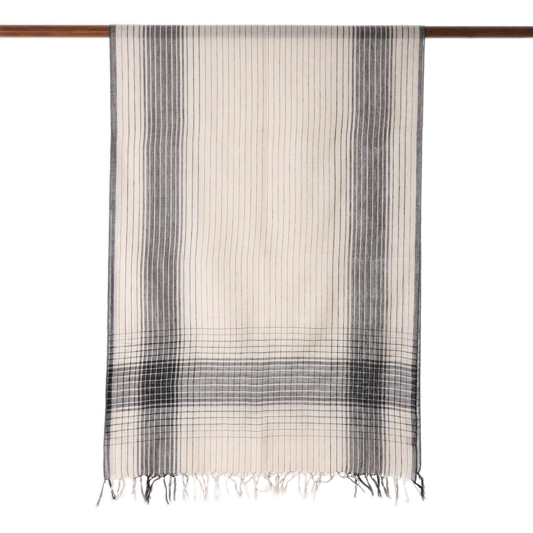 Ivory and Black Cotton Shawl Crafted in India - Classic Design
