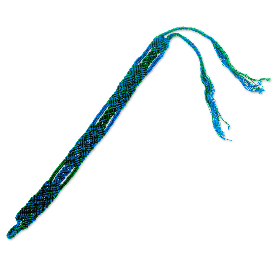 Cotton Macrame Wristband Bracelet in Blue and Green - Green Geometry