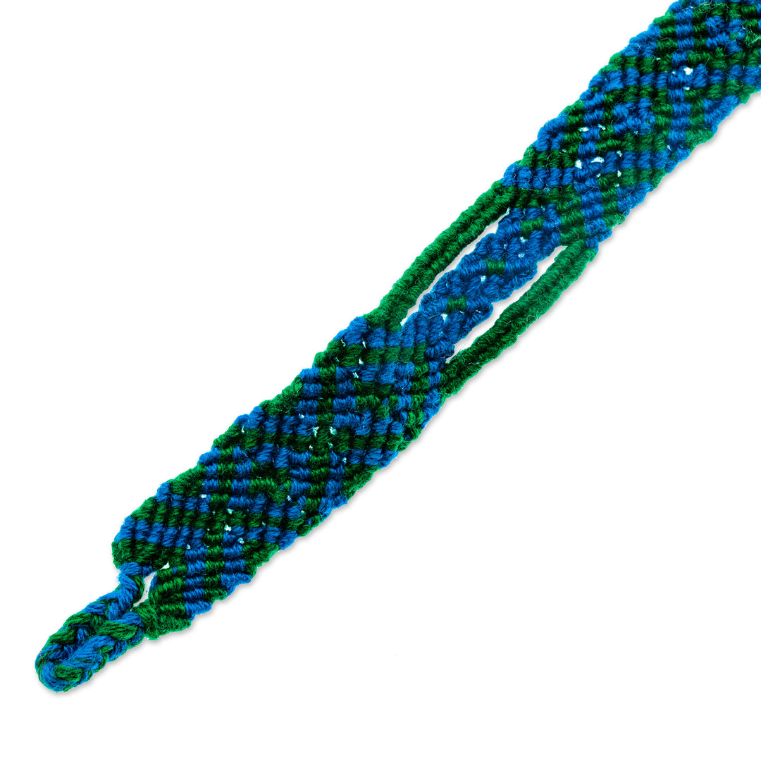 Cotton Macrame Wristband Bracelet in Blue and Green - Green Geometry