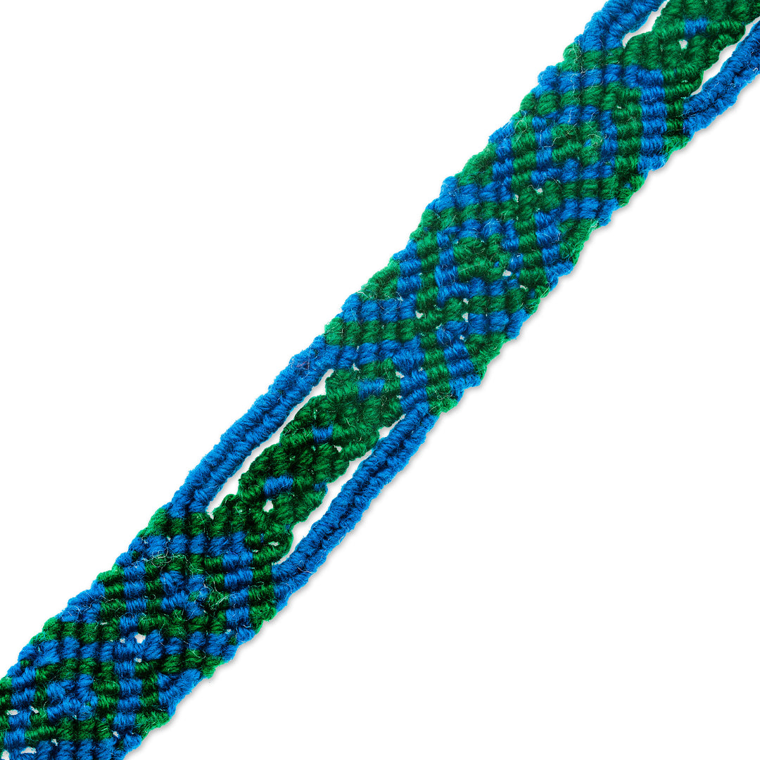 Cotton Macrame Wristband Bracelet in Blue and Green - Green Geometry
