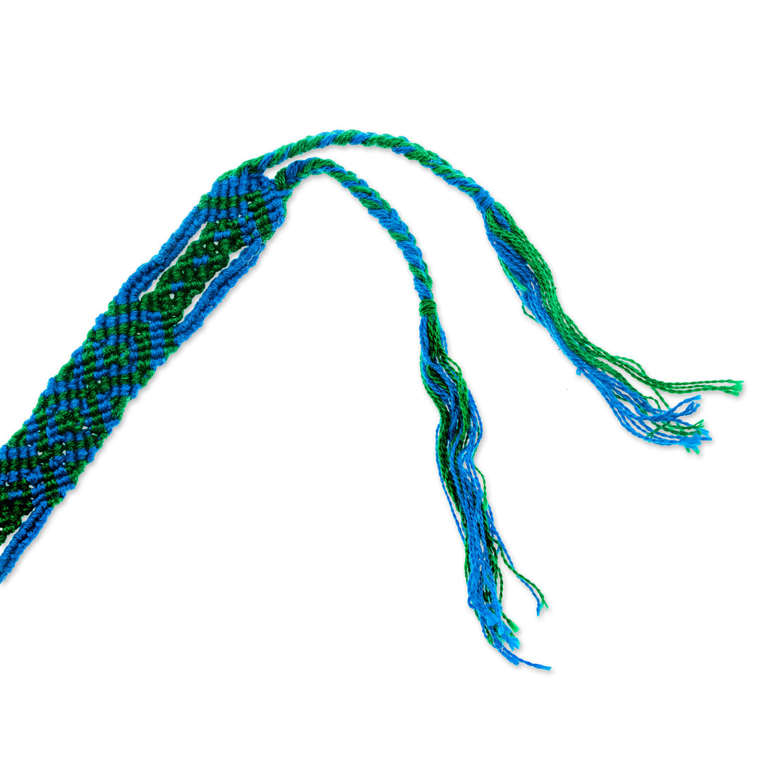 Cotton Macrame Wristband Bracelet in Blue and Green - Green Geometry
