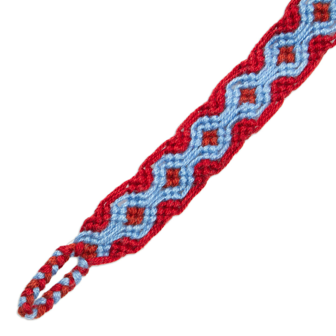 Periwinkle Blue and Russet Red Cotton Macrame Bracelet - Geometric Path
