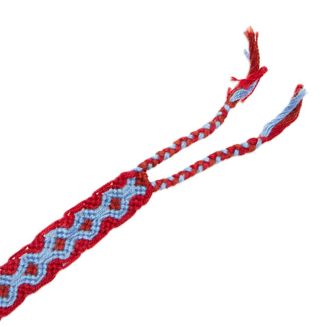 Periwinkle Blue and Russet Red Cotton Macrame Bracelet - Geometric Path