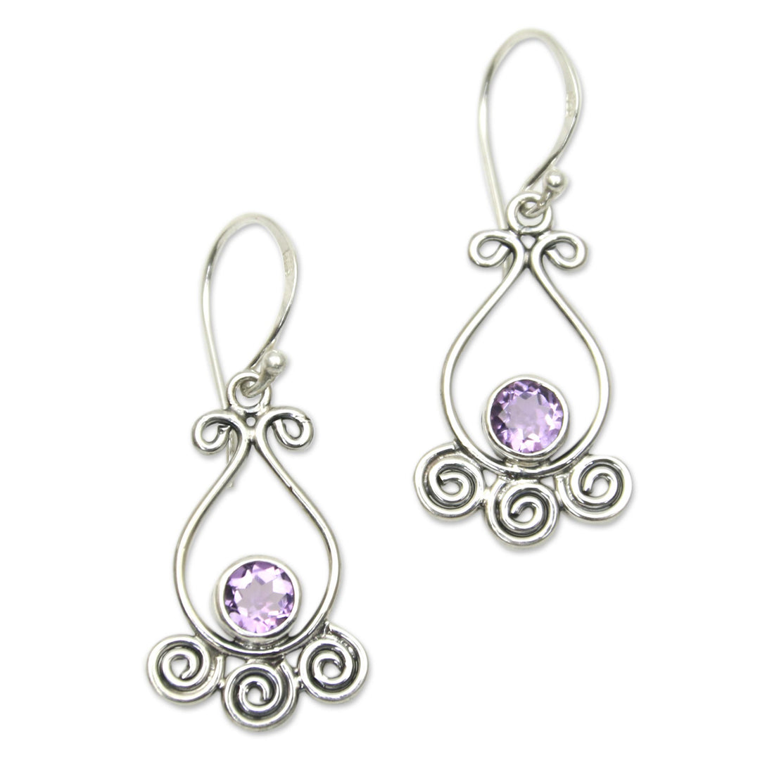 Spiral Pattern Amethyst Dangle Earrings from Bali - Spiral Sparkle