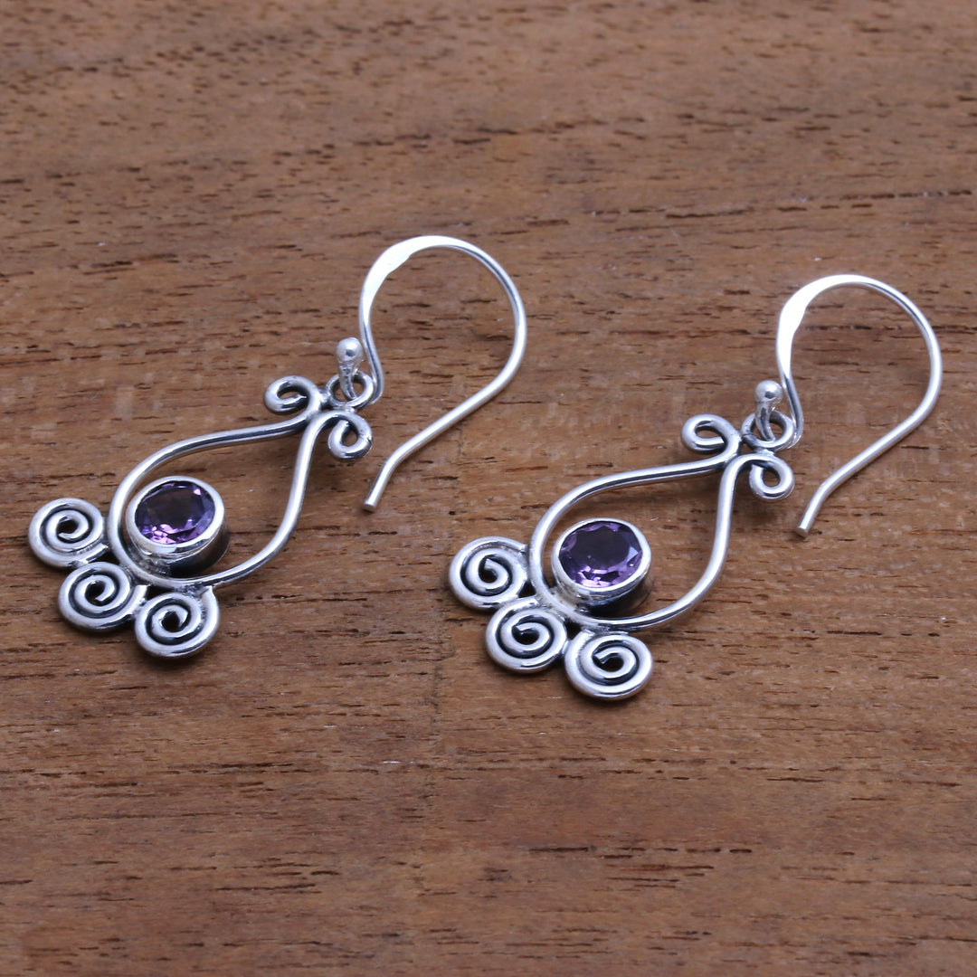 Spiral Pattern Amethyst Dangle Earrings from Bali - Spiral Sparkle