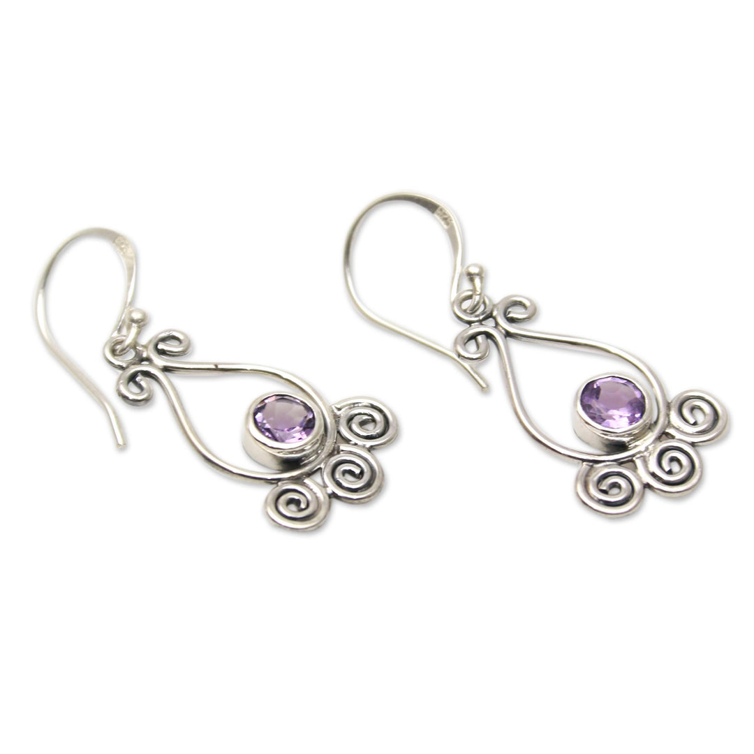 Spiral Pattern Amethyst Dangle Earrings from Bali - Spiral Sparkle