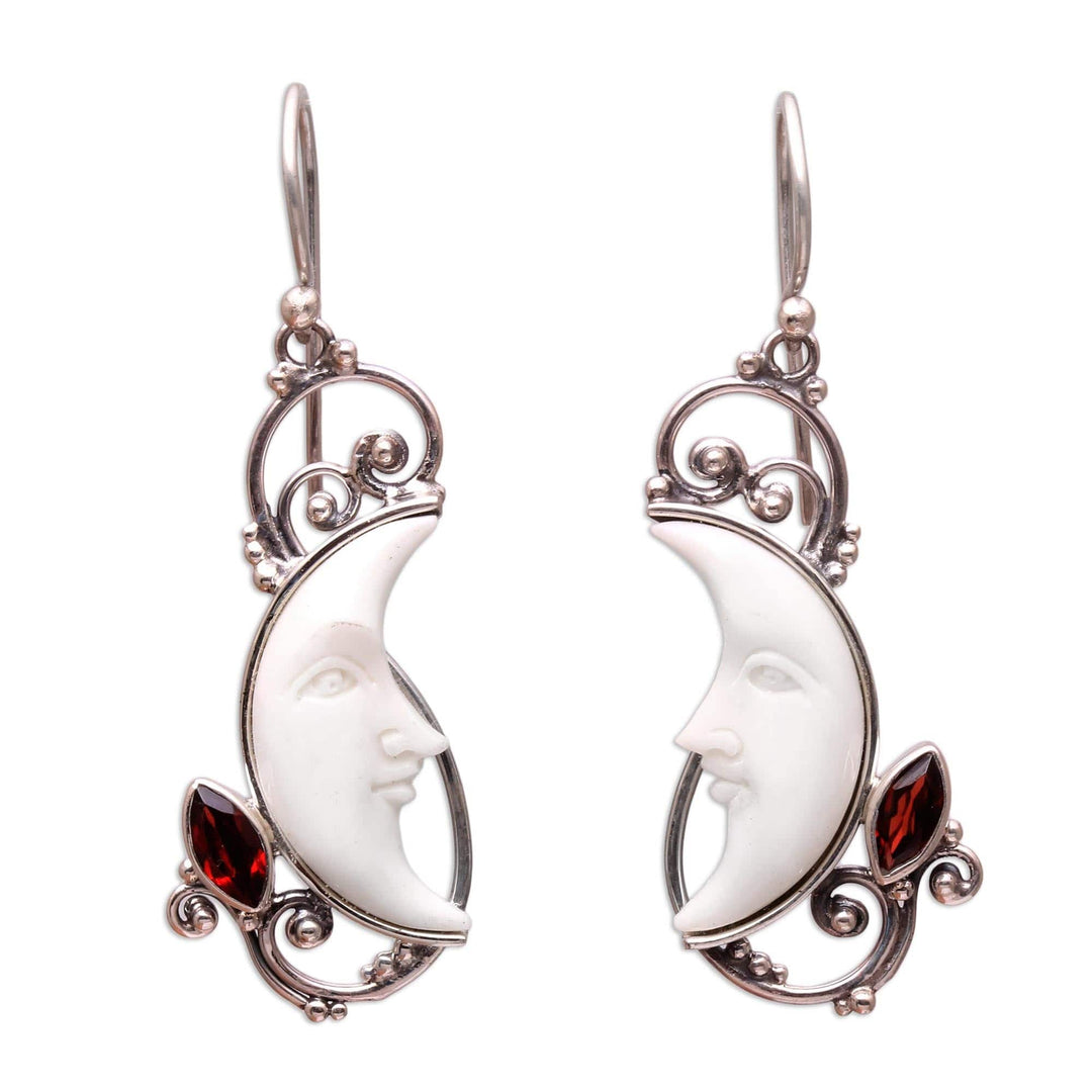 Garnet and Bone Crescent Moon Dangle Earrings from Bali - Glittering Crescents