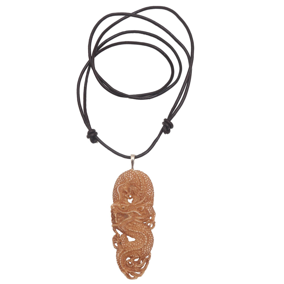 Hand-Carved Bone Dragon Pendant Necklace from Bali - Protective Dragon