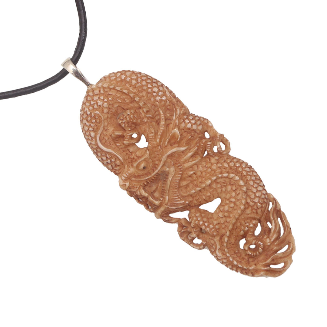 Hand-Carved Bone Dragon Pendant Necklace from Bali - Protective Dragon