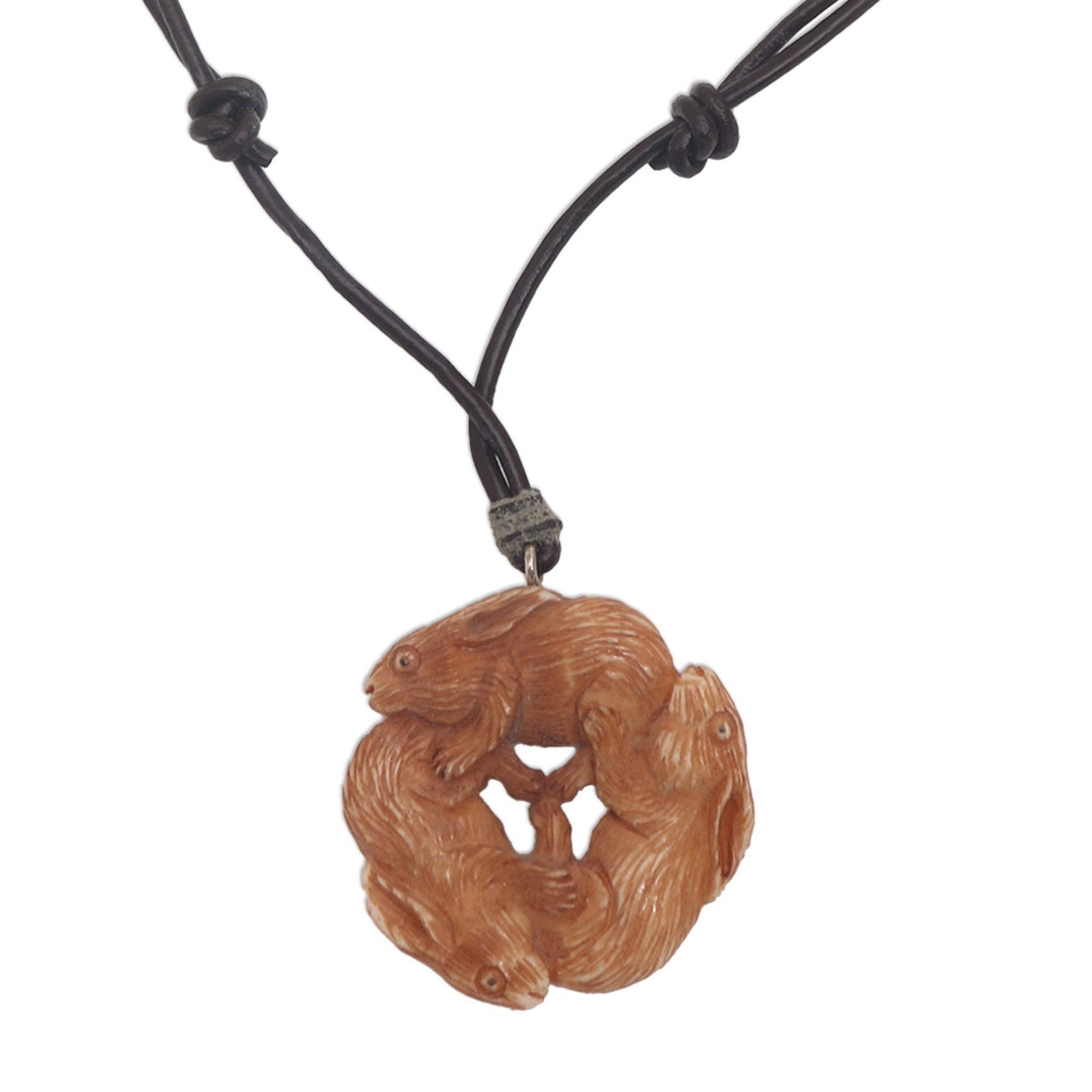 Hand-Carved Bone Rabbit Pendant Necklace from Bali - Bunny Family