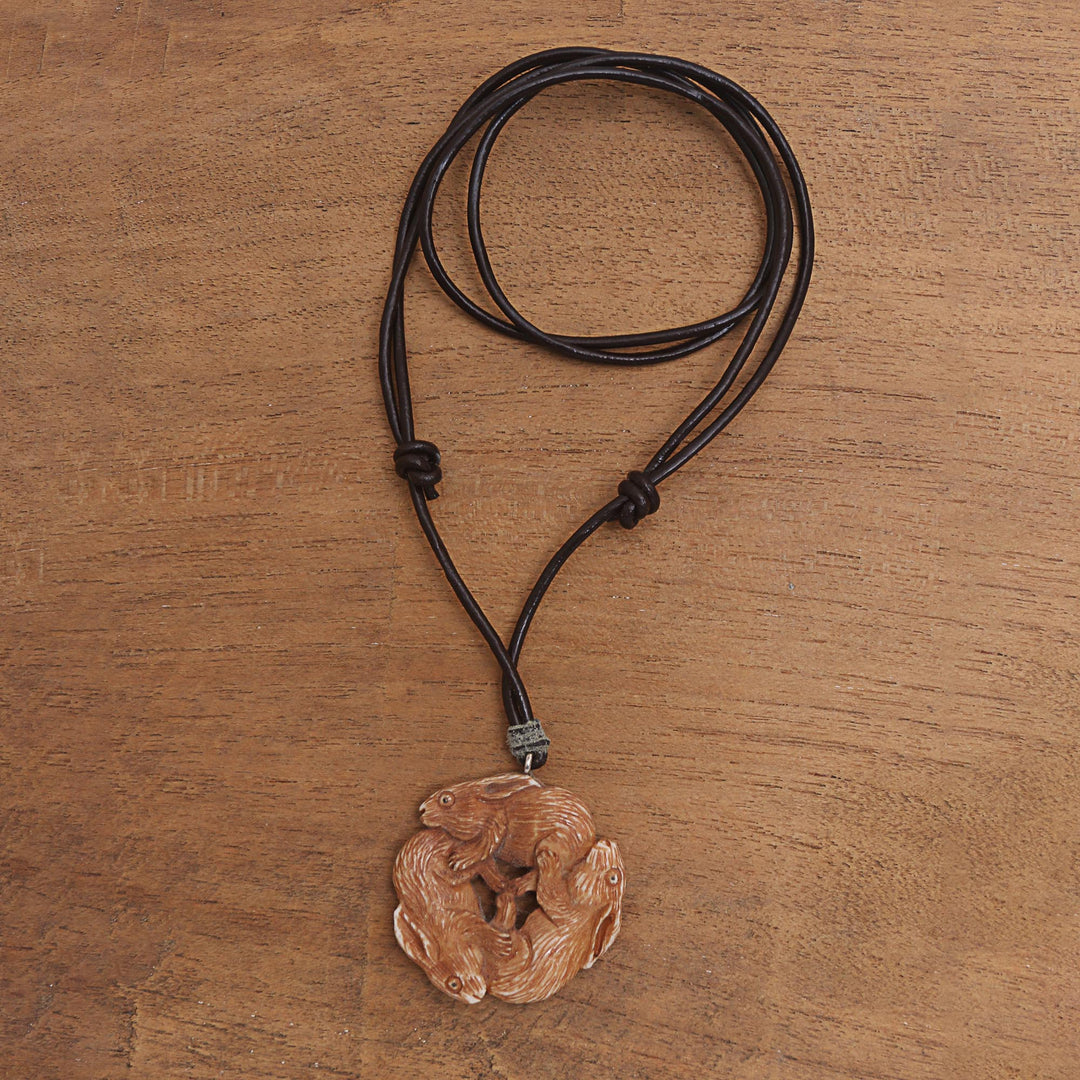 Hand-Carved Bone Rabbit Pendant Necklace from Bali - Bunny Family