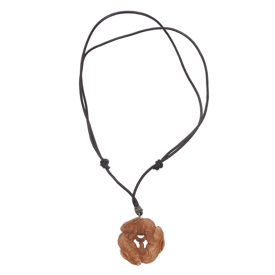 Hand-Carved Bone Rabbit Pendant Necklace from Bali - Bunny Family