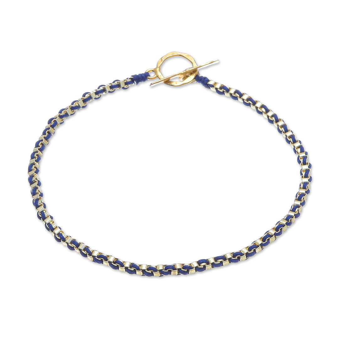 Gold Plated Brass Chain Bracelet in Dark Blue from Thailand - Golden Day in Dark Blue