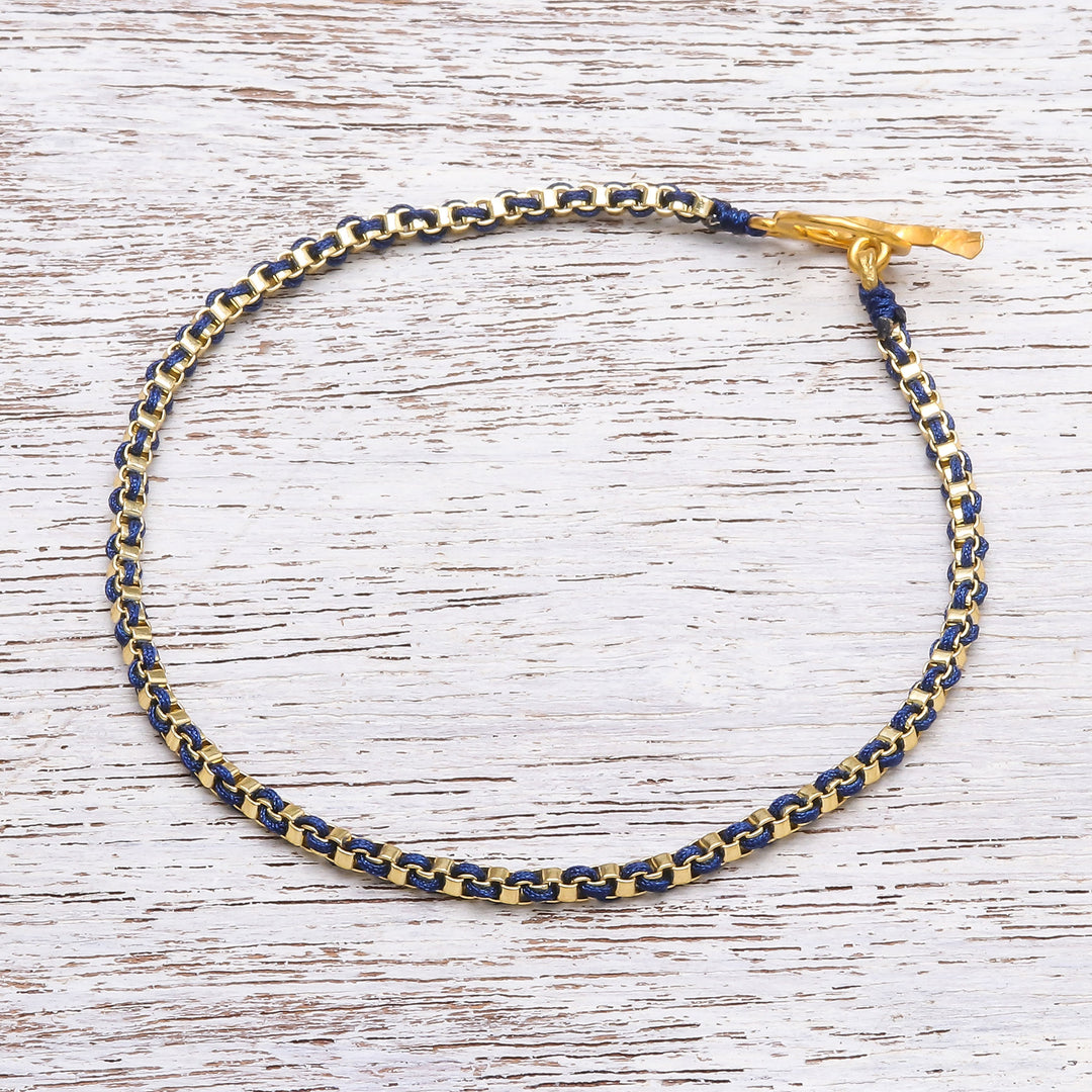 Gold Plated Brass Chain Bracelet in Dark Blue from Thailand - Golden Day in Dark Blue
