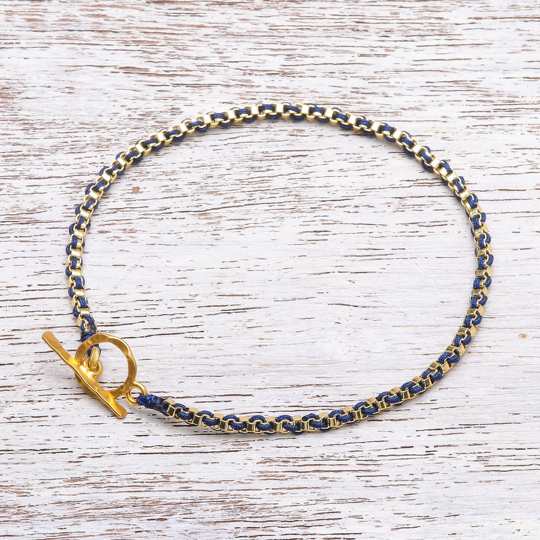 Gold Plated Brass Chain Bracelet in Dark Blue from Thailand - Golden Day in Dark Blue